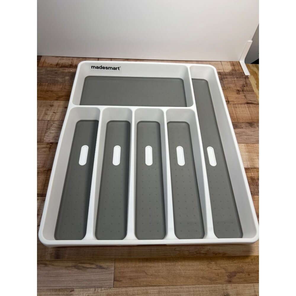 Madesmart Large Silverware Tray With 6 Compartments Non-Slip Insert White/Gray P